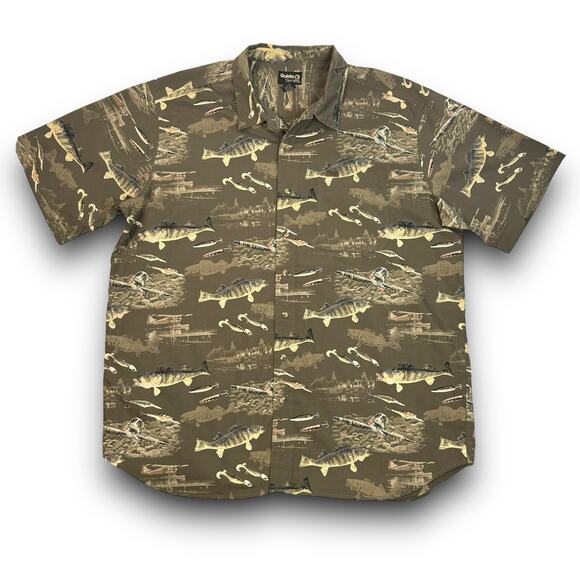 NEW Guide Series Fish Print Short Sleeve Button Front Shirt Cotton Green 2XL - Picture 1 of 5